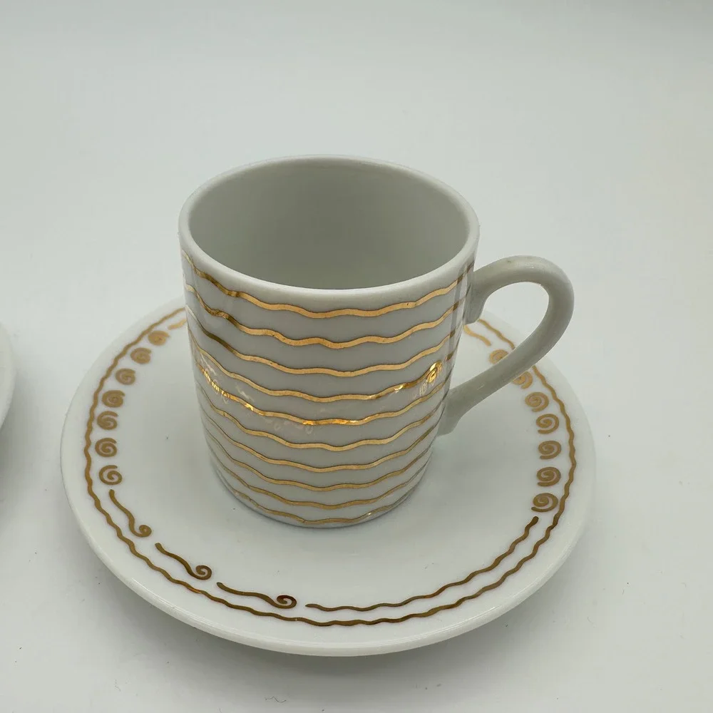 Pottery Barn Nile Gold Swirl Espresso Cups & Saucers Set of 2‎ Mix Match